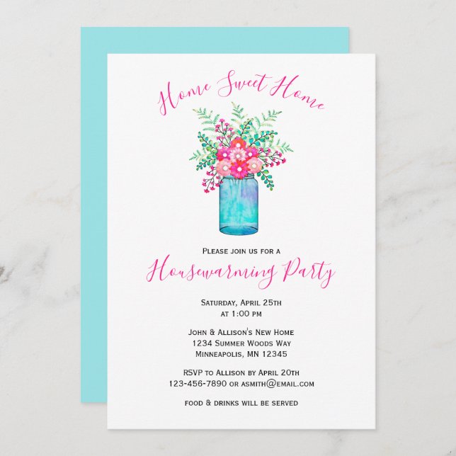 Watercolor Mason Burk Bouquet | Blommigt Hushållsu Inbjudningar (Fram/baksida)