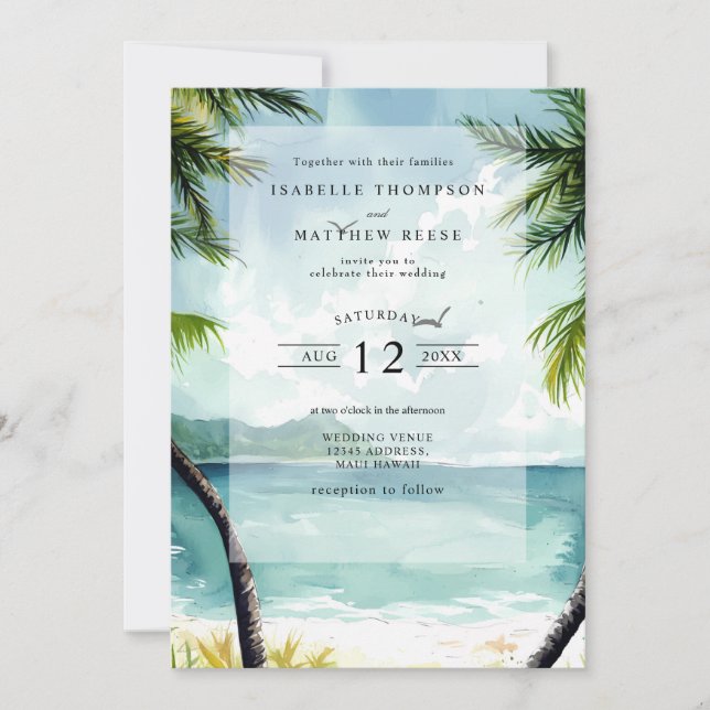 Watercolor Maui Hawaii Tropical Beach Wedding Inbjudningar (Framsida)