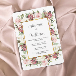 Watercolor Mauve Rosa Grönt Blommigt Guld Bröllop Inbjudningar