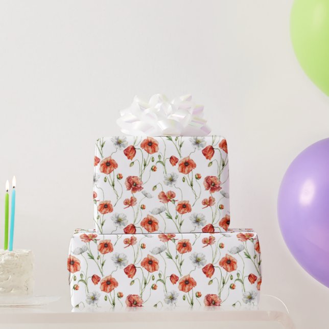 Watercolor Meadow Poppies And White Wildflowers  Presentpapper (Festgåvor)