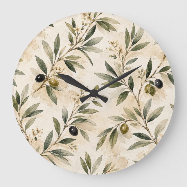 Watercolor Mediterranean Olive Branch Clock Stor Klocka (Framsida)