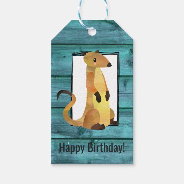 Watercolor Meerkat på Blue Wood Birthday Presentetikett (Framsidan)
