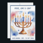 Watercolor Menorah Lycklig Hanukkah Julkort<br><div class="desc">Matematiska artiklar i vattenfärgen Helgdag Skicka Önskemål med det här Helgdag-kortet som har ett stinkande Lycklig Hanukkah</div>