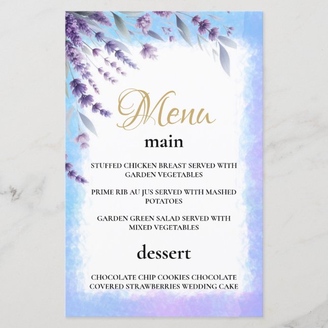Watercolor Menu, Lavenders och Blue Elegant Blommi (Framsida)