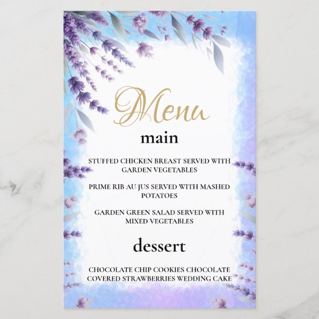 Watercolor Menu, Lavenders och Blue Elegant Blommi (Framsida)