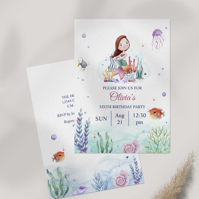 Watercolor Meramaid Sjöliv Birthday Inbjudningar (Watercolor Meramaid Sealife Birthday Invitation on table)
