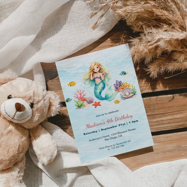 Watercolor Mermaid Birthday Invitation Inbjudningar (Skapare uppladdad)