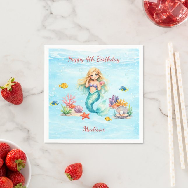Watercolor Mermaid Birthday Pappersservett (Insitu)