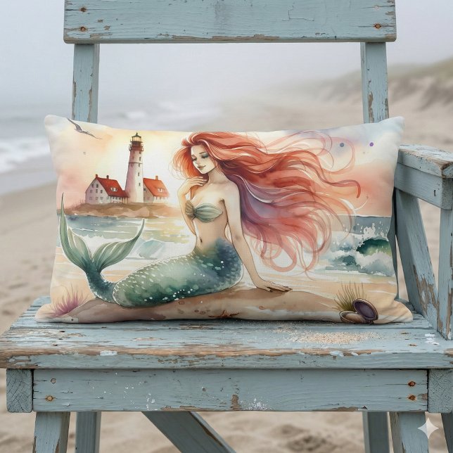 Watercolor Mermaid by Lighthouse Shore Lumbarkudde (Watercolor Mermaid by Lighthouse Shore Lumbar Pillow Mockup A)