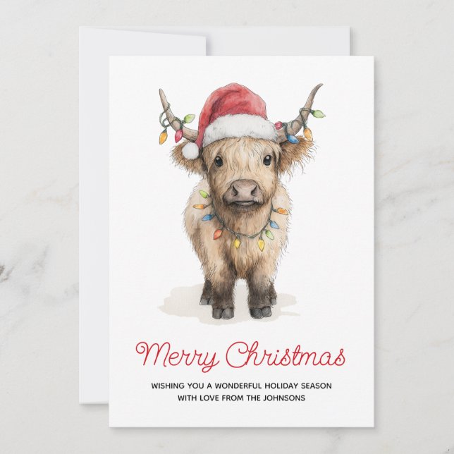 Watercolor Merry Christmas Cute Highland Cow Julkort (Framsida)