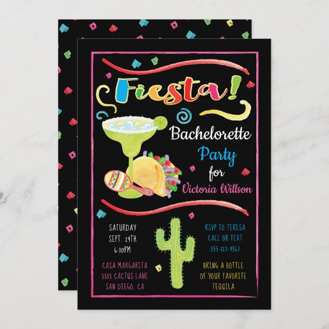 Watercolor Mexican Fiesta Bachelorette Party Inbjudningar (Fram/baksida)