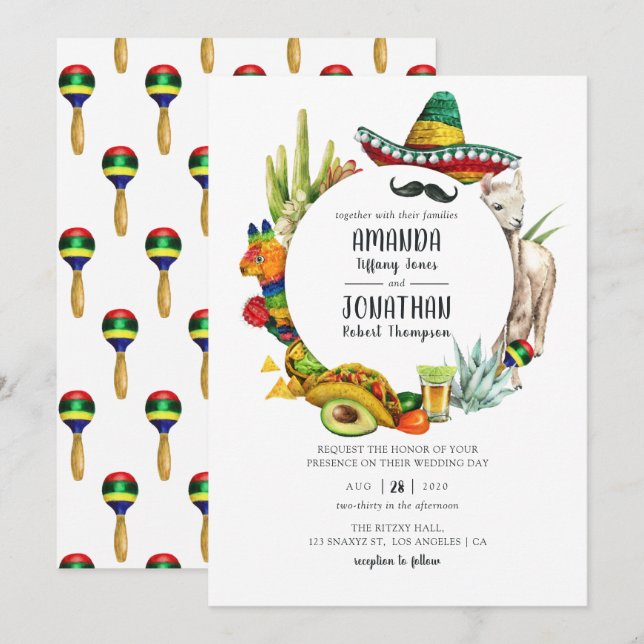 Watercolor Mexican Fiesta Bröllop Inbjudningar (Fram/baksida)