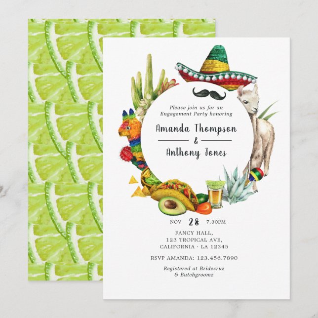 Watercolor Mexican Fiesta Förlovningsfest Inbjudningar (Fram/baksida)