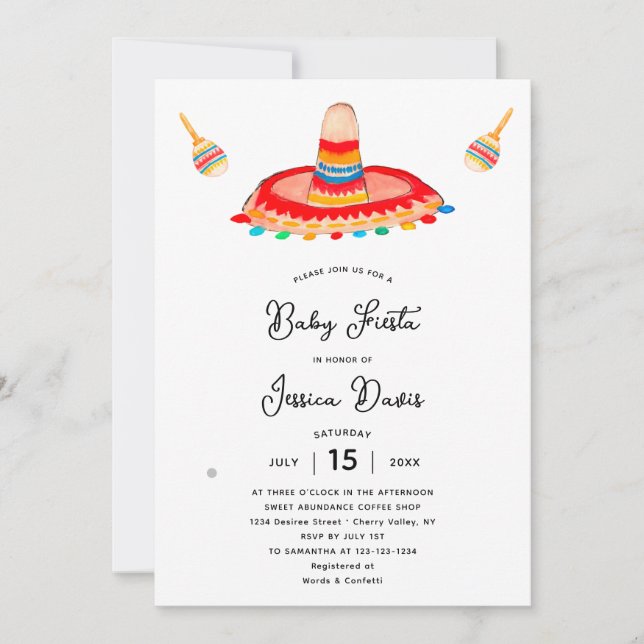 Watercolor Mexican Sombrero Baby Shower Fiesta Inbjudningar (Framsida)