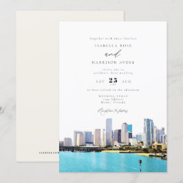 Watercolor Miami Florida City Skyline Bröllop Inbjudningar