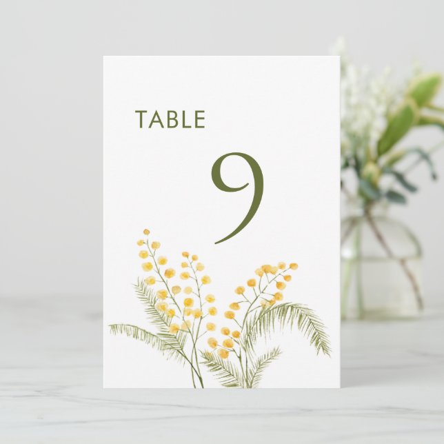Watercolor mimosa-blommor bröllop bordsnummer (Stående Fram)