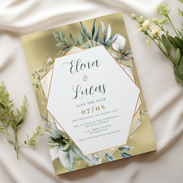 Watercolor mint gold foliage geometric wedding inbjudningar (Watercolor mint gold foliage geometric wedding)