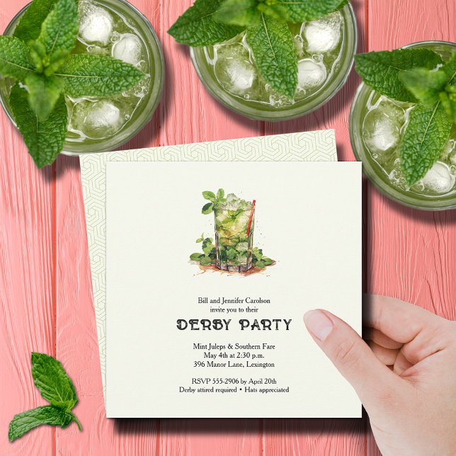 Watercolor Mint Julep Derby Inbjudningar (Watercolor Mint Julep Derby Party Square Invitations)