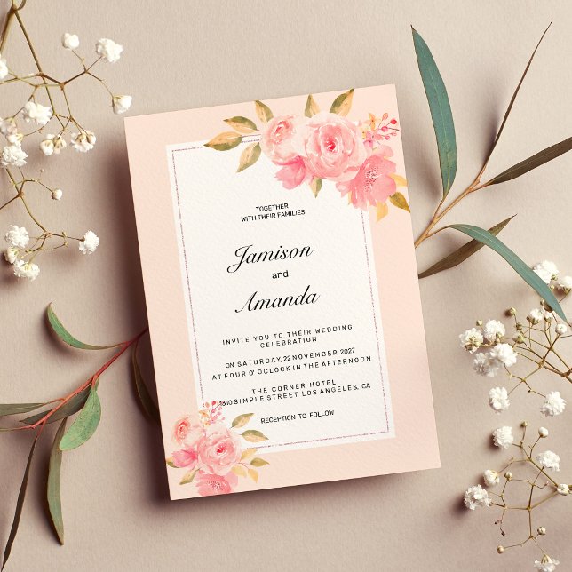 Watercolor mint pastel pink floral Wedding Inbjudningar (Watercolor mint pastel pink floral Wedding )