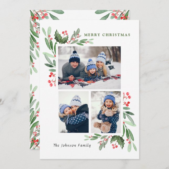 Watercolor Mistletoe Holly Berry jul 3 PHOTO Julkort (Fram/baksida)