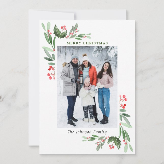 Watercolor Mistletoe Holly Berry jul PHOTO Julkort (Framsida)