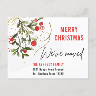 Watercolor Mistletoe Merry Christmas We've Moved Meddelande Vykort