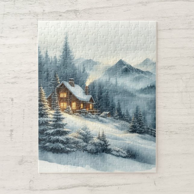 Watercolor Misty Mountains Cabin Winter liggande Pussel (Skapare uppladdad)