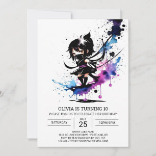 Watercolor Modern Ninja Girl Birthday Inbjudningar