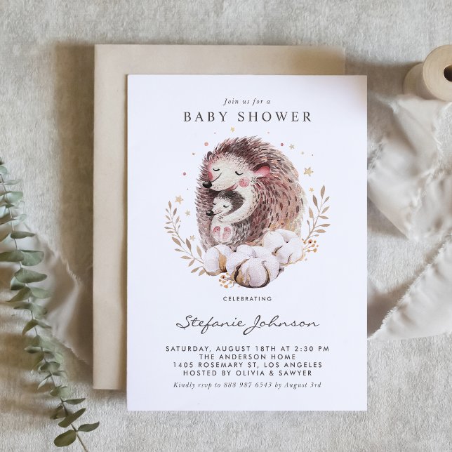 Watercolor Mommy and Baby Hedgehogs Baby Shower Inbjudningar (Woodland baby shower invitation featuring boho watercolor mommy and baby hedgehogs. )