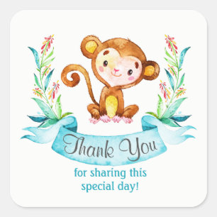 Watercolor Monkey Boy Tack Fyrkantigt Klistermärke