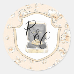 Watercolor Monogram Bröllop Ringar Magnolia Runt Klistermärke