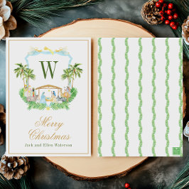 Watercolor Monogram Initial Nativity Crest Julkort