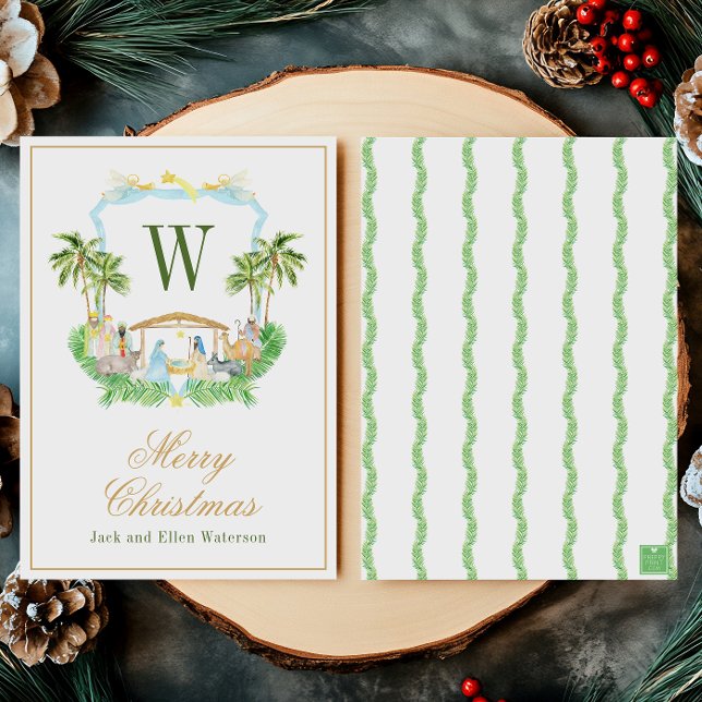 Watercolor Monogram Initial Nativity Crest Julkort (Skapare uppladdad)