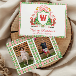 Watercolor Monogram Initial Santa Crest Photo Julkort