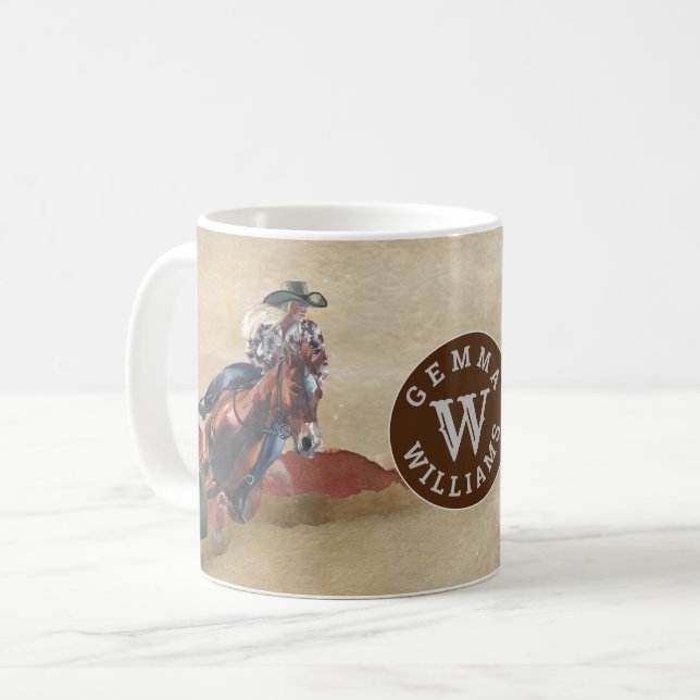 Watercolor Monogram Namn Cowgirl på Horse Western Kaffemugg (Framsida vänster)