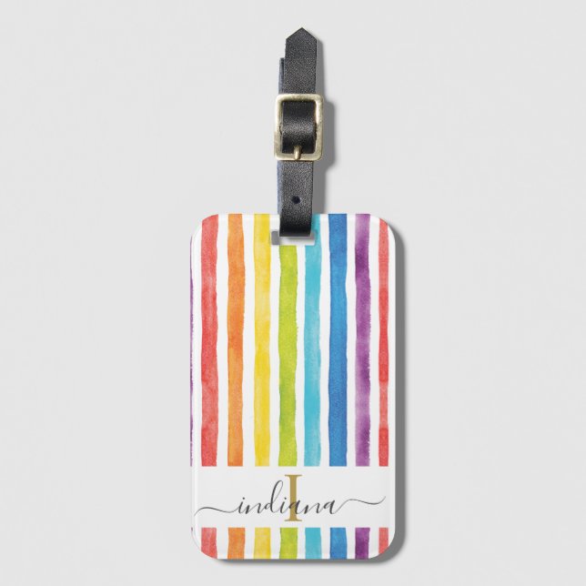 Watercolor Monogram Namn Rainbow Rand Bagagebricka (Framsida vertikal)