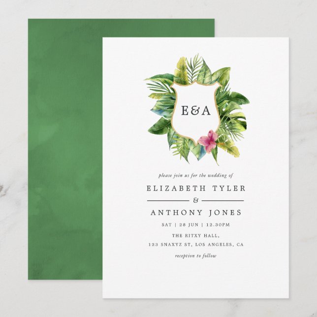 Watercolor Monogram Tropical Summer Beach Wedding Inbjudningar (Fram/baksida)