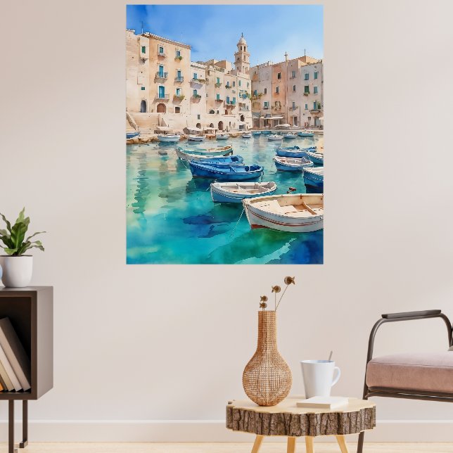 Watercolor Monopoli in Italia Puglia Kusten Poster (Vardagsrum 3)