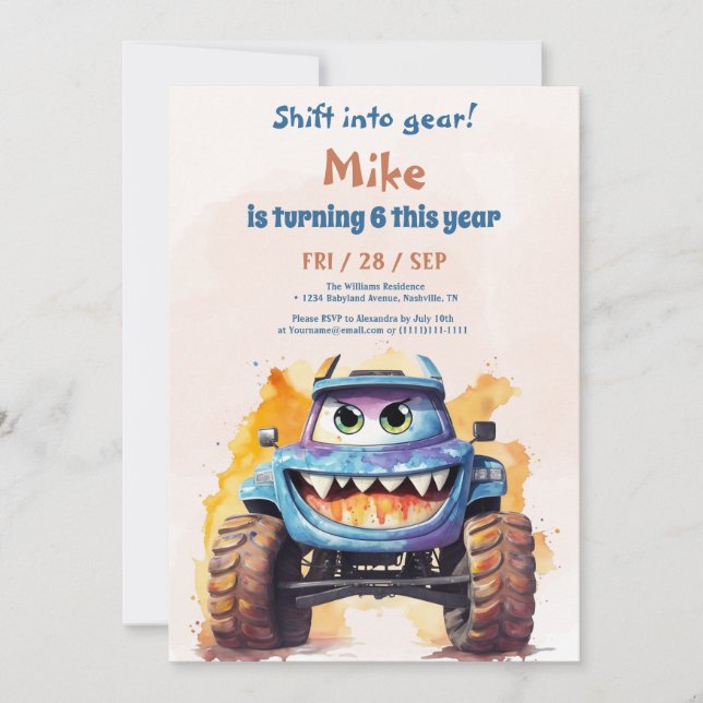 Watercolor Monster Lastbil boy Birthday Inbjudningar (Framsida)