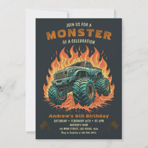 Watercolor Monster Lastbil Boy Birthday Inbjudningar