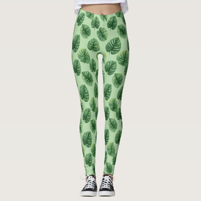 Watercolor Monstera Leaf Pattern Leggings (Framsida)