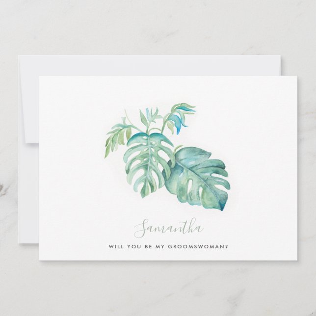 Watercolor Monstera Löv Groomswomen-kort Julkort (Framsida)
