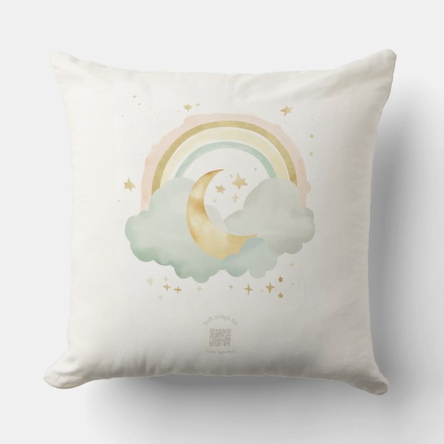 Watercolor Moon & Rainbow Nursery Pillow | Mint Kudde (Framsida)