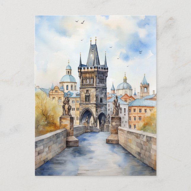 Watercolor Morgon på Charles Bridge Helg Vykort (Framsida)