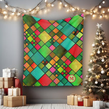 Watercolor Mosaic Mönster Monogram Fleece Blanket