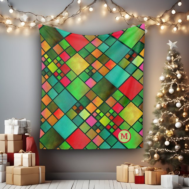 Watercolor Mosaic Mönster Monogram Fleece Blanket (Fleece blanket featuring your own monogram on a colorful watercolor checkered mosaic pattern)