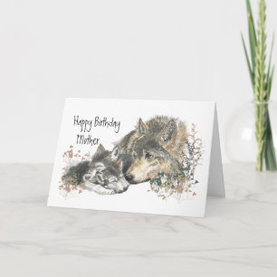 Watercolor Mother Wolf & Cubs Mom Happy Birthday Kort