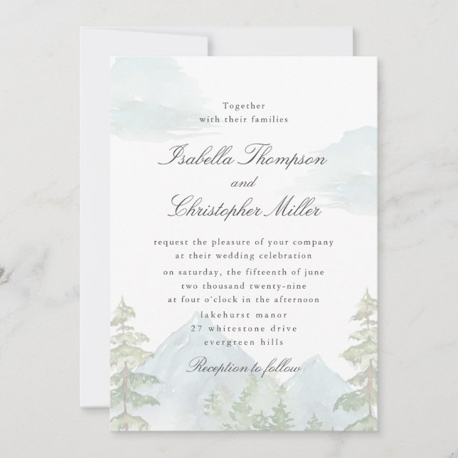 Watercolor Mountain Forest Wedding Invitation Inbjudningar (Framsida)