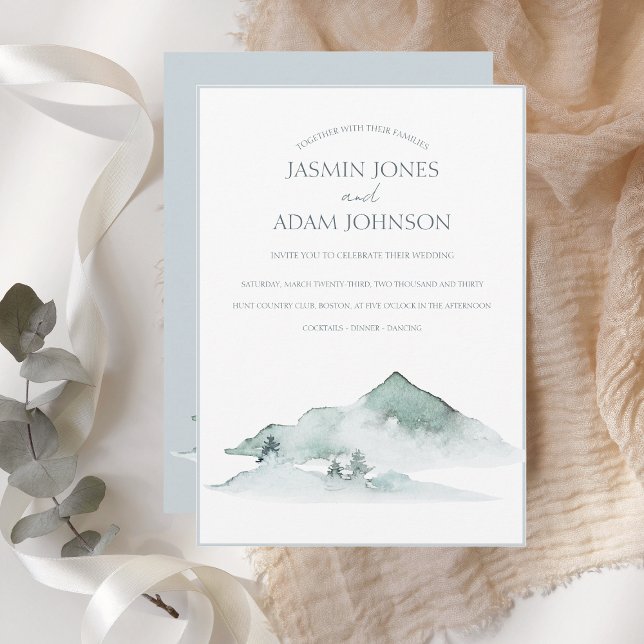 Watercolor Mountain Greenery Winter Wedding Inbjudningar (Skapare uppladdad)