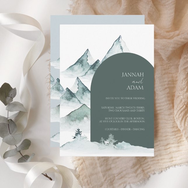 Watercolor Mountain Grönt Winter Wedding Inbjudningar (Skapare uppladdad)
